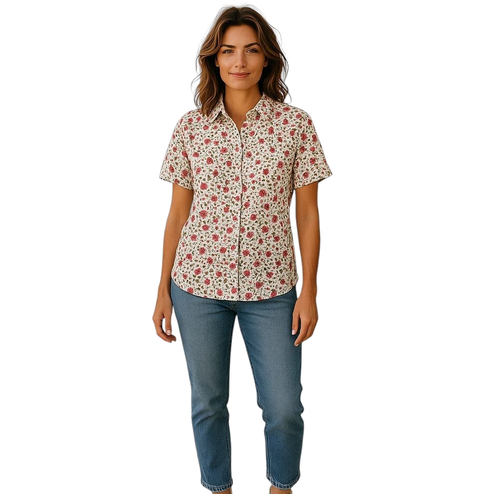 Dravus Floral Button Up Women XL Short Sleeve Cotton Rose Graphic